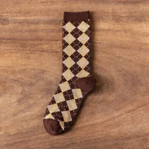 Retro brown argyle knit mid tube socks women autumn vintage British style college long socks