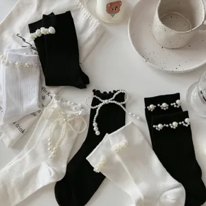 Chaussettes mi-hautes perle JK femme Lolita mignon noir blanc nœud tricoté été nouveau