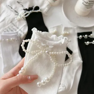 Chaussettes mi-hautes japonaises mignonnes JK Lolita avec nœud en perles blanches pour l'été.