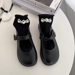 Chaussures Mary Jane noires avec ensemble de chaussettes en perles, chaussures Lolita JK principal.