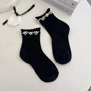 Chaussettes mi-hautes JK perles noires, bas style collège Lolita japonais mignons.
