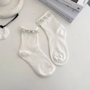 Chaussettes mi-hautes à volants de perles blanches, style collège japonais Lolita pour femmes.