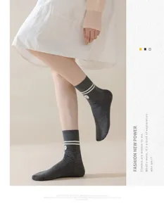 Women autumn winter mid-calf socks dark grey cotton two stripes cute embroidered smiley face.
