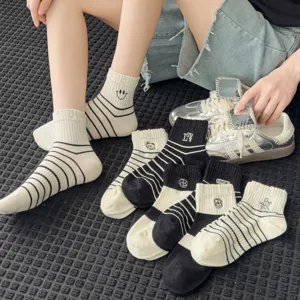 Women Casual Striped Embroidered Cotton Crew Socks Japanese Style Black White Cute Fashion Daily Wear Hosiery