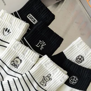Women cute black white striped mid tube socks cotton embroidered fashion socks main view