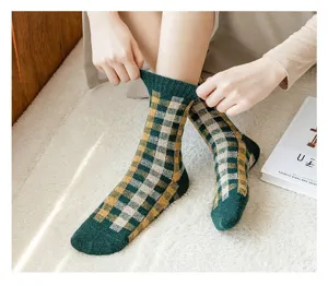 Calzini donna invernali spessi caldi quadri giallo verde calze spugna lana accoglienti