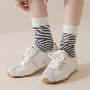 Cute striped mid-calf socks with sweet bear embroidery, cozy and stylish daily wear.