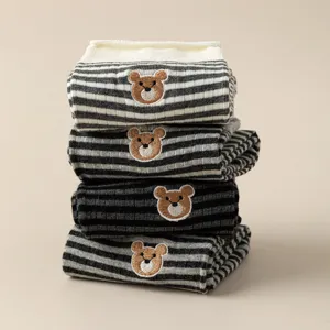 Cute cartoon bear embroidery striped mid-tube cotton socks for women autumn winter warm