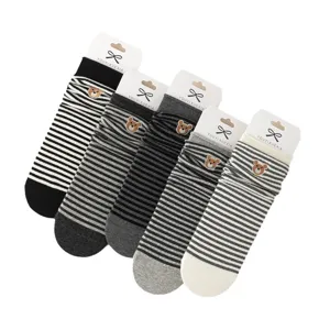 Autumn winter cute cartoon bear embroidered mid tube socks college style striped cotton socks