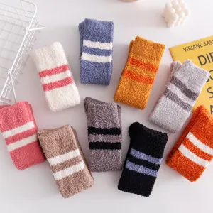 Cozy coral fleece women socks with double stripes, soft warm winter home socks for daily wear.