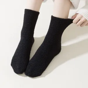 Thickened fleece warm winter socks for women solid color cozy black mid tube socks