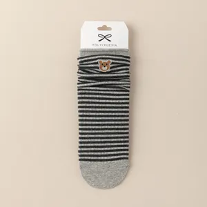 Women cute cartoon bear embroidered mid-tube striped cotton socks with hanging card winter