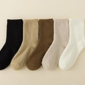 Women winter thick fleece warm socks solid color soft cozy mid tube socks 5 pairs set