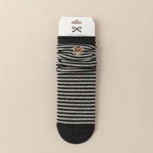 Cute striped mid-tube socks for women with lovely bear embroidery, college style cotton sock.
