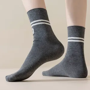 Autumn winter women mid tube cotton socks grey two stripe embroidered cute smiley casual hosiery