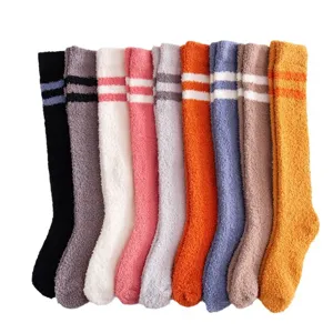 Cozy fleece striped knee high socks for women, soft warm winter fuzzy home stockings.