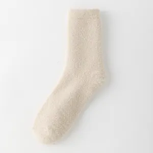 Women's thick plush winter mid-calf socks solid color warm cozy fleece thermal hosiery