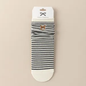 Cute cartoon bear embroidered striped women mid-calf socks casual cotton hosiery footwear