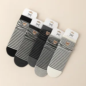 Autumn winter cute embroidered bear striped mid-calf socks for women prep style cotton socks