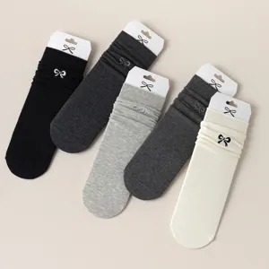 Chaussettes slouch brodées nœud mignon femme, chaussettes mi-hautes coton respirantes.