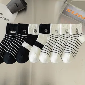 Black and white striped cotton socks with cute embroidery, comfortable spring summer mid-tube socks.