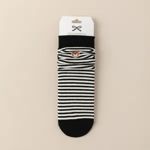 Cute cartoon bear embroidery striped mid-calf socks for women, stylish preppy cotton socks.