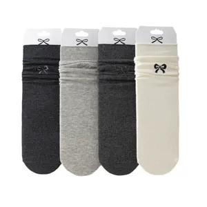 Chaussettes slouch brodées nœud mignon femme tube moyen coton bonneterie lot de 4 gris