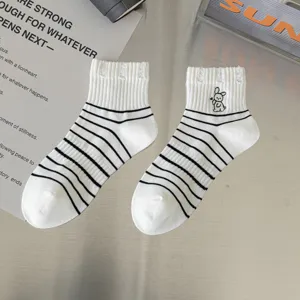 Women mid-calf cotton socks black white striped cute rabbit embroidery casual hosiery