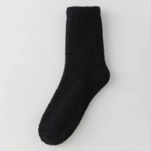 Women thick plush winter warm mid tube socks solid color fuzzy thermal socks in black color