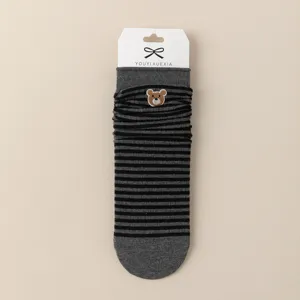 Autumn winter cute cartoon bear embroidery mid-tube socks preppy style striped cotton socks