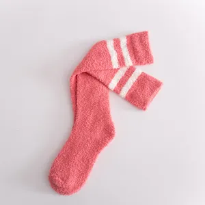 Coral fleece women socks fuzzy winter warm knee high cute Japanese style pink two stripe long socks