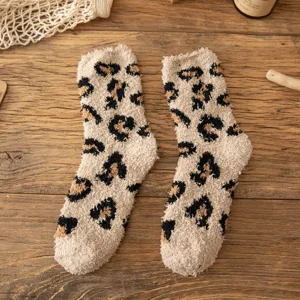 Women fuzzy coral fleece socks, thick warm leopard winter sleep socks for home wear.