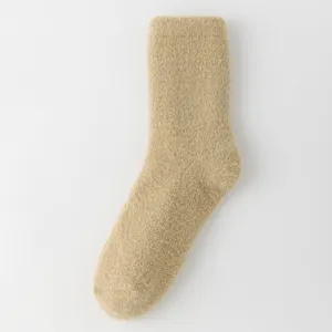 Solid color fluffy plush mid-calf socks for women, thick warm winter thermal cozy socks.