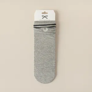 Grey cotton mid-calf socks with black stripes and cute embroidery for women daily wear.