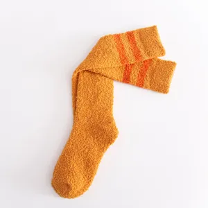 Japanese style coral fleece knee high socks for women warm winter fuzzy two stripe socks