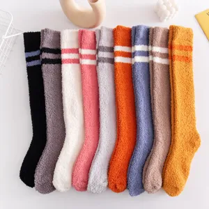 Soft fuzzy coral fleece knee high socks with stripes, warm winter cozy sleep home stockings for women.