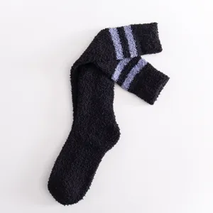 Fuzzy coral fleece women socks warm winter two stripe knee high cozy home hosiery