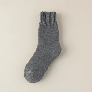 Thickened winter fleece socks for women, solid gray warm mid-calf terry socks for indoor use.