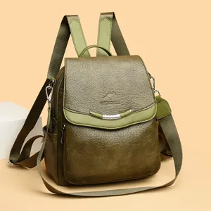 Dunkelgrüner Rucksack aus weichem Leder für Damen, multifunktionale Freizeit-Reisetasche.