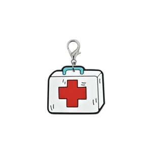 Cartoon first aid kit keychain with metal lobster clasp, cute medical bag pendant accessory.