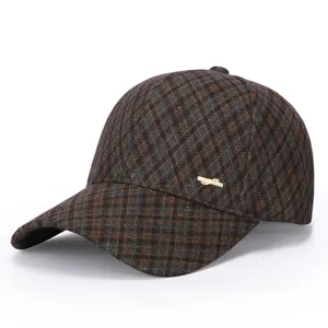 Brown plaid baseball cap detail, autumn winter warm woolen hat with chic gold hardware accent.