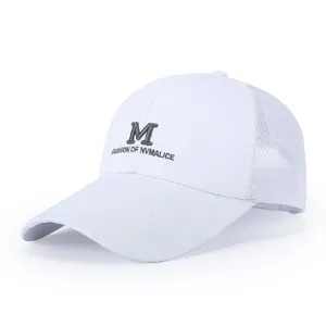 Detail view of the white mesh baseball cap featuring front embroidered letters for summer outdoor.