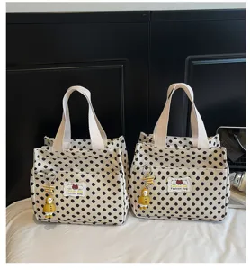 Canvas polka dot tote bag casual lunch handbag with cute pendant for daily shopping