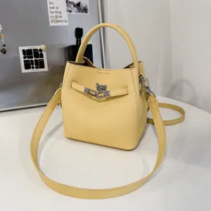 Women Bucket Bag PU Leather Stitching Handle Shoulder Bag With Metal Lock Classic Fashion Tote Handbag Daily Crossbody Bag