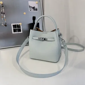 Light blue litchi pattern bucket bag minimalist handbag casual shoulder crossbody bag for women