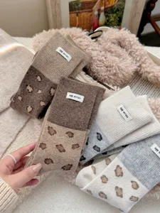 Cozy wool leopard print colorblock mid tube socks with cute cloth label for women winter.