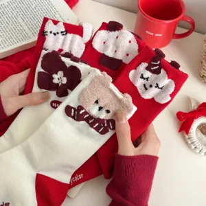 Fluffy red winter socks for women with cute 3d cartoon cat bear patterns for new year festive