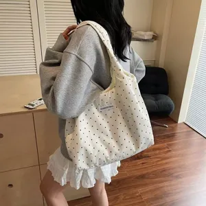 Borsa Tote in Tela Addensata Casual Per le Donne Borsa a Tracolla di Grande Capacità Moda A Pois Borsetta Borsa Shopper per Lavoratori