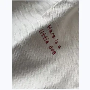 Close-up detail view of white herringbone canvas fabric featuring a red embroidery design.