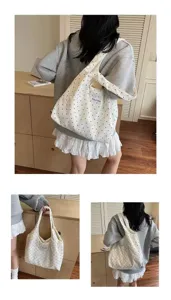 Borsa shopper in tela spessa versatile da donna, elegante borsa a tracolla a pois.